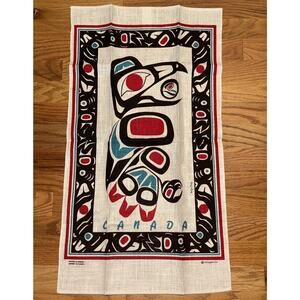Vintage Linen Tea Towel Canada Inuit Bird Magenta Jocelyn Mange 28x 16” NEW